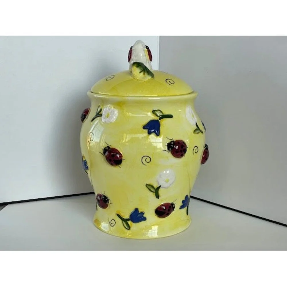 Winterthur Ladybug Cookie Jar Kitchen Canister Yellow Floral Excellent Condition